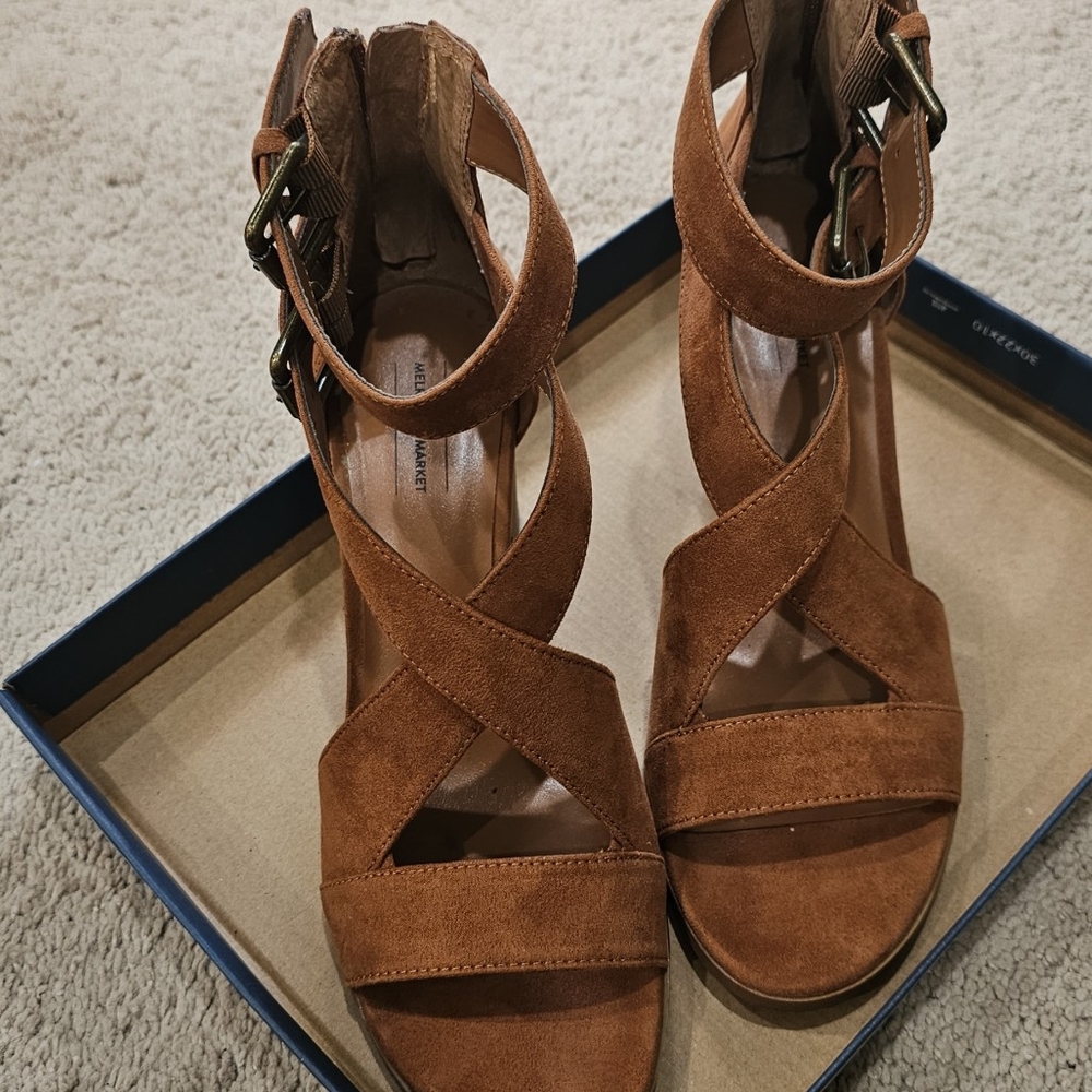 Cognac Brown Suede Women's Sandals/Chunked Heel